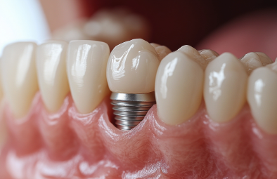 A close-up of a dental implant positioned between natural teeth in a healthy gum line.