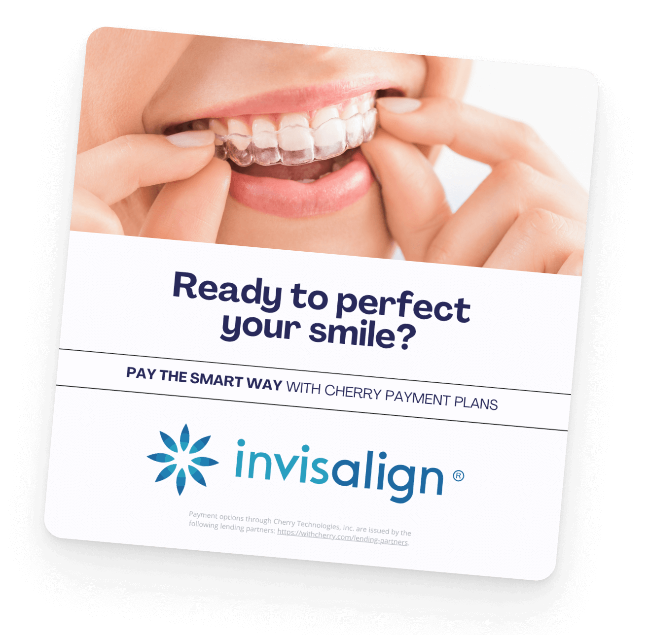 A close-up of a person holding an Invisalign aligner while smiling, with promotional text for Invisalign and payment plans.